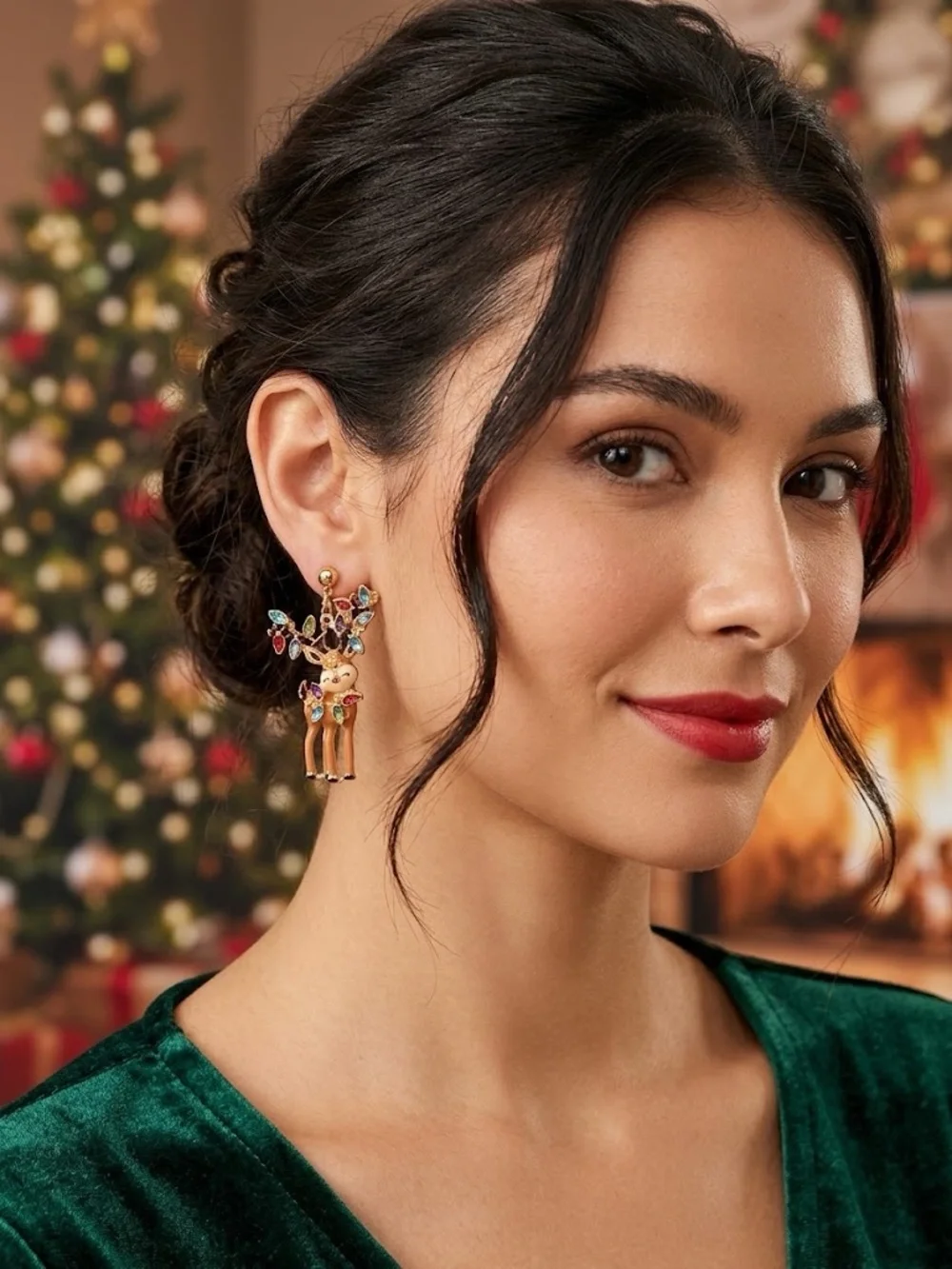 Multicolor Rhinestone Reindeer Holiday Earrings